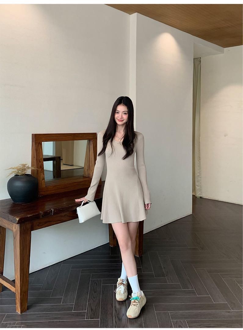 レディースVネックニットミニドレス 春