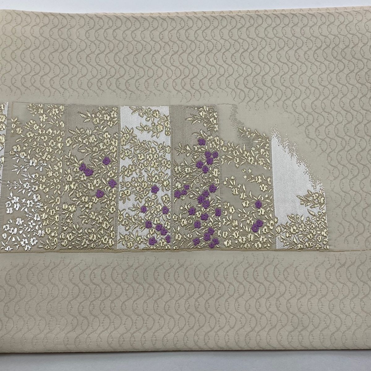袋帯 美品 名品 草花 金銀糸 クリーム 六通 正絹 【】