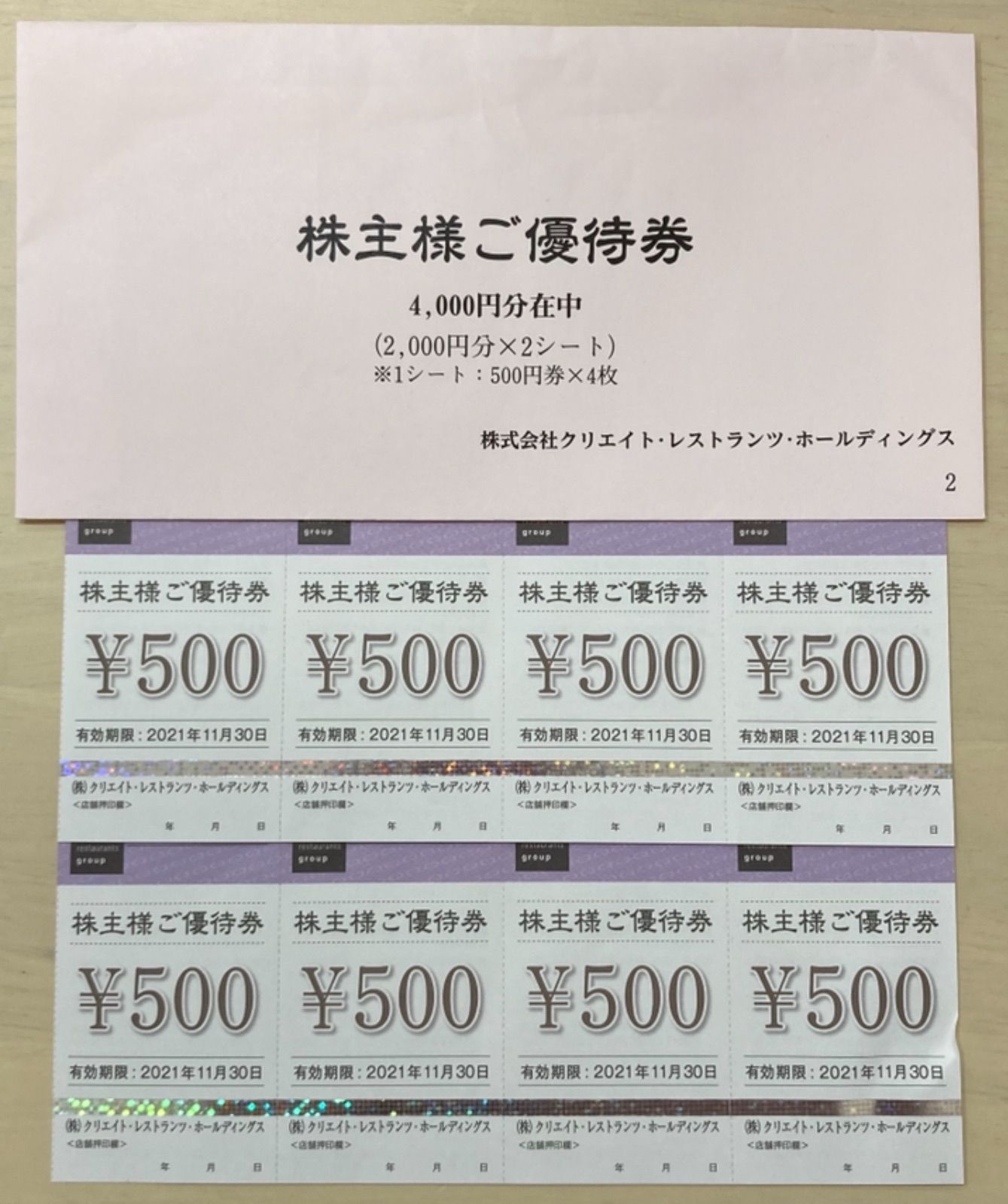 クリエイトレストランツホールディングス株主優待6000円期限2024.11.30 ちょろ