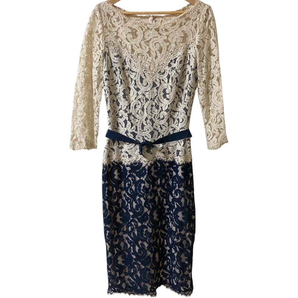 ミーア。TADASHI SHOJI アイボリーとネイビーレースワンピース リクエスト受付のみ】ネイビー フラワーレース タイトドレス