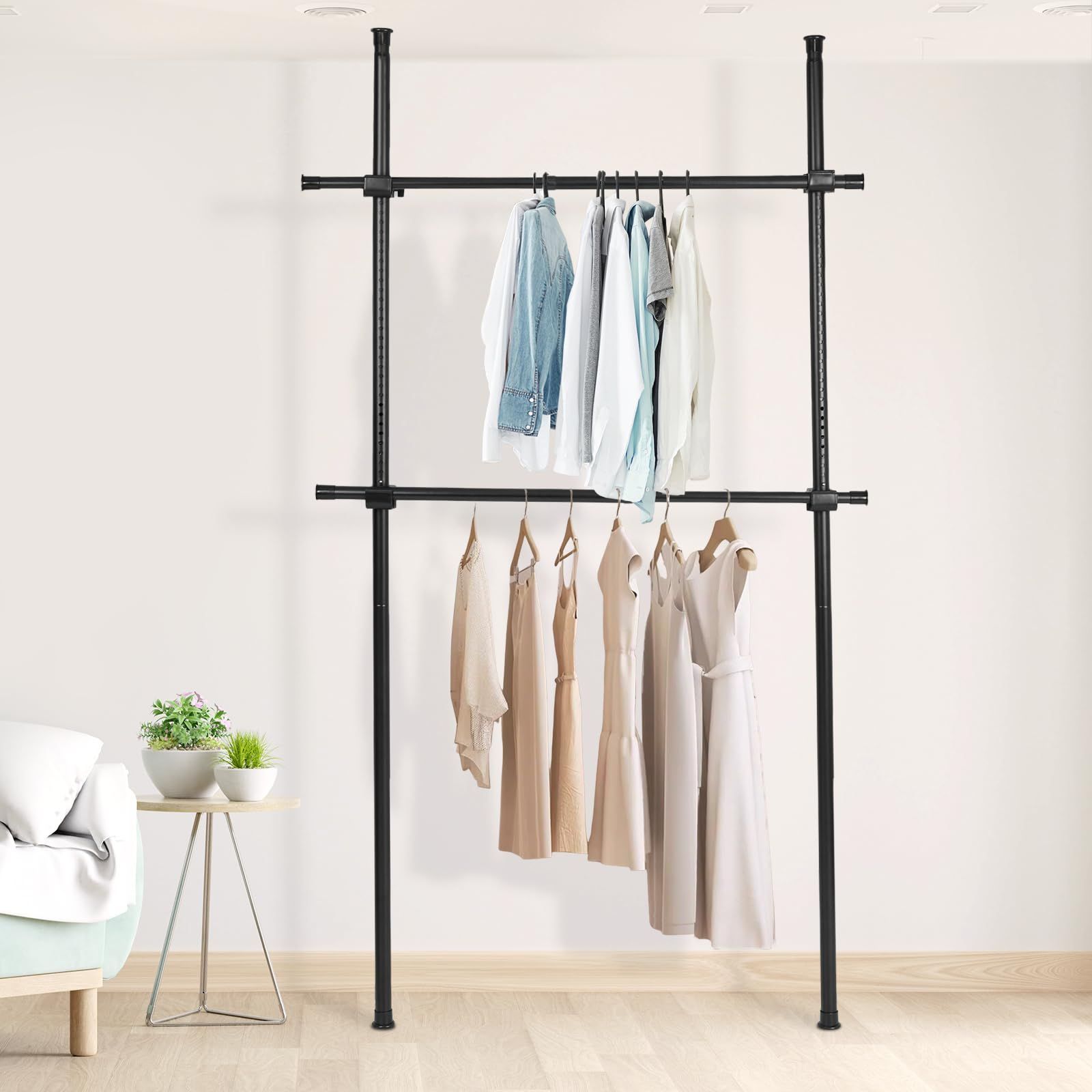 新着商品 DEWEL ハンガーラック 突っ張り ダブル 総耐荷重100kg 高さ調整 約110-310cm 横伸縮 約75-120cm 衣類収納 表面みがきずな工芸 組立品 説明書付き ブラック