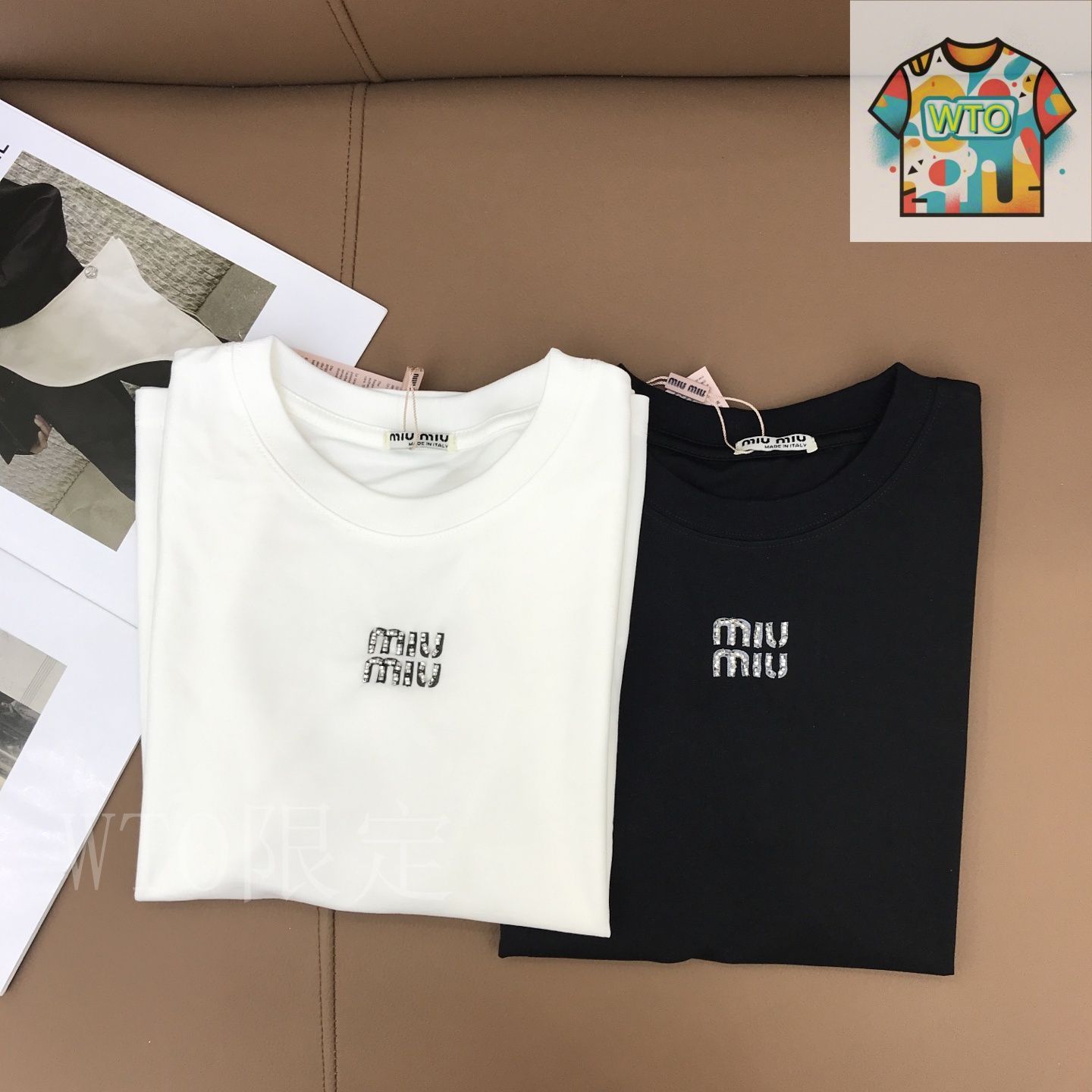 今日特価】Miu Miu 手作りビーズ文字ロゴ 丸首ショートスリーブ
