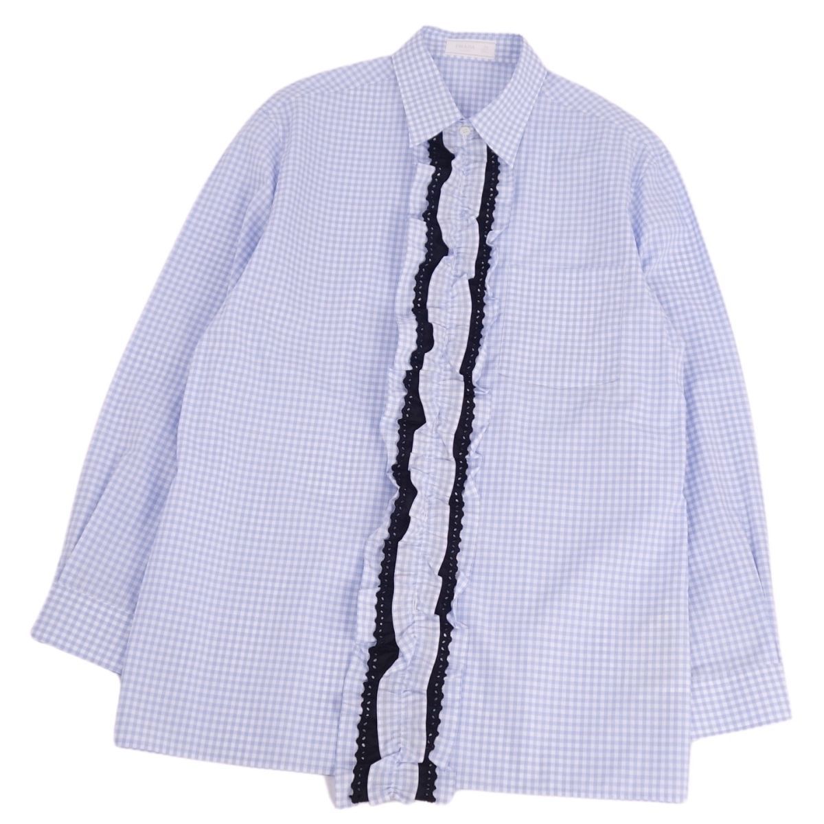美品 プラダ PRADA シャツ ロングスリーブ 長袖 フリル レース ギンガムチェック トップス メンズ 39/15 1/2(M相当) マルチカラー