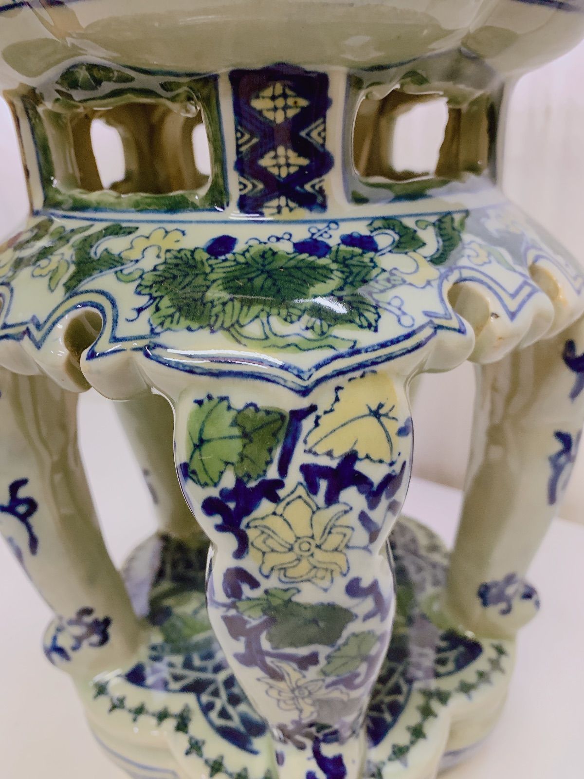 陶器製 椅子 花台 飾台 スツール フラワーベース 鳳凰文 染付 古 陶器製 椅子 花台 飾台 スツール フラワーベース 鳳凰文 染付 古