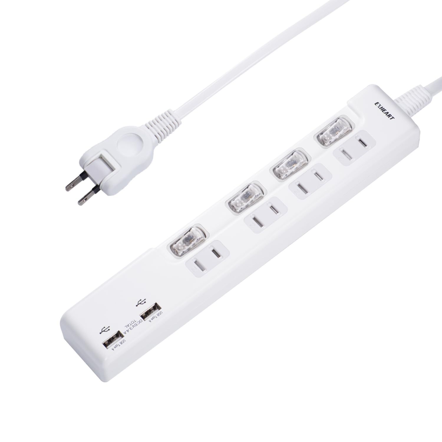 【新着商品】EXHEART USBポート付スイッチタップ 2m (AC ×4 / USB ×2) 急速充電 延長コード (高出力 / 最大3.4A) コンセント 白 電源タップ スイッチ (可動式プラグ/ホコリ防止シャッター)