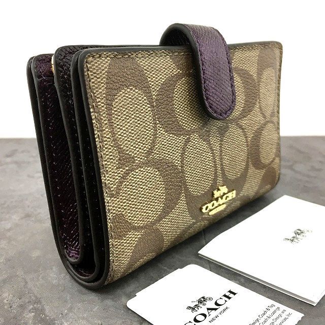 220 送料込み ♥品 COACH ミディアムウォレット F23553 シグネチャー ベージュ パープル