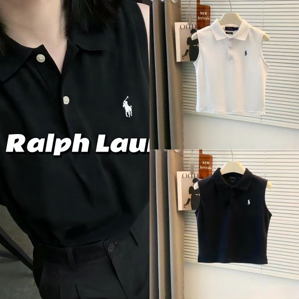 POLO RALPH LAUREN  Tシャツ ノースリーブベスト ショート 刺繍 ロゴアンダー レディースファッション 人気   2色