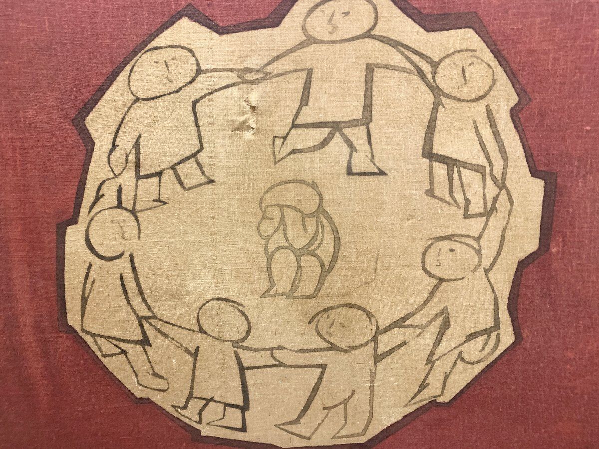 廃番 ◆民芸調 布張り 衝立 落款あり 間仕切り 飾り 和風インテリア パーテーション 昭和レトロ 輪遊び図 木製 古民家 和室 畑1073