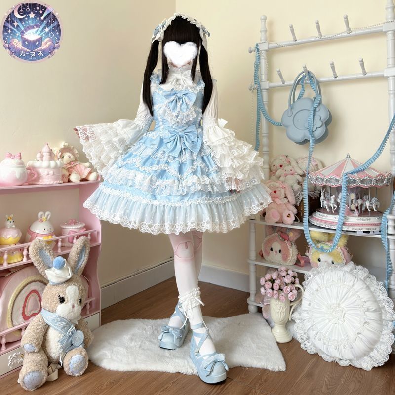 星 恋とときめき オリジナルデザイン ブルー lolita 豪華 ロリータ jsk 洋装 花嫁スタイル ジャンパースカート5色展開 ピンク ブラック ブルー アイボリー レッド