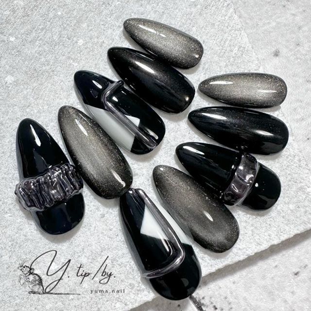 現品】ネイルチップ 大人 ブラック リングネイル マグネット【送料込み