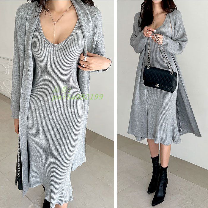 長袖カーディガン付き ノースリーブロングタイトニットワンピース グレー レディース おしゃれ デート 上品 大人 韓国 pai5a092199