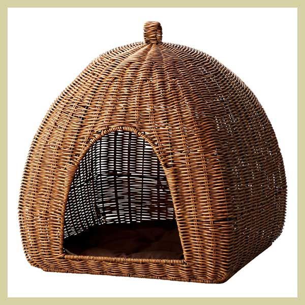 ＰＰ クローンラタンのペット バスケットハウス クッション入り 35×35×42cm かご ポリプロピレン 籐風 リーズナブル レトロモダン 複数値引き 割引 水に強い 小動物 犬猫 キャット ドッグ 小型犬 おうち ベッド ドーム型