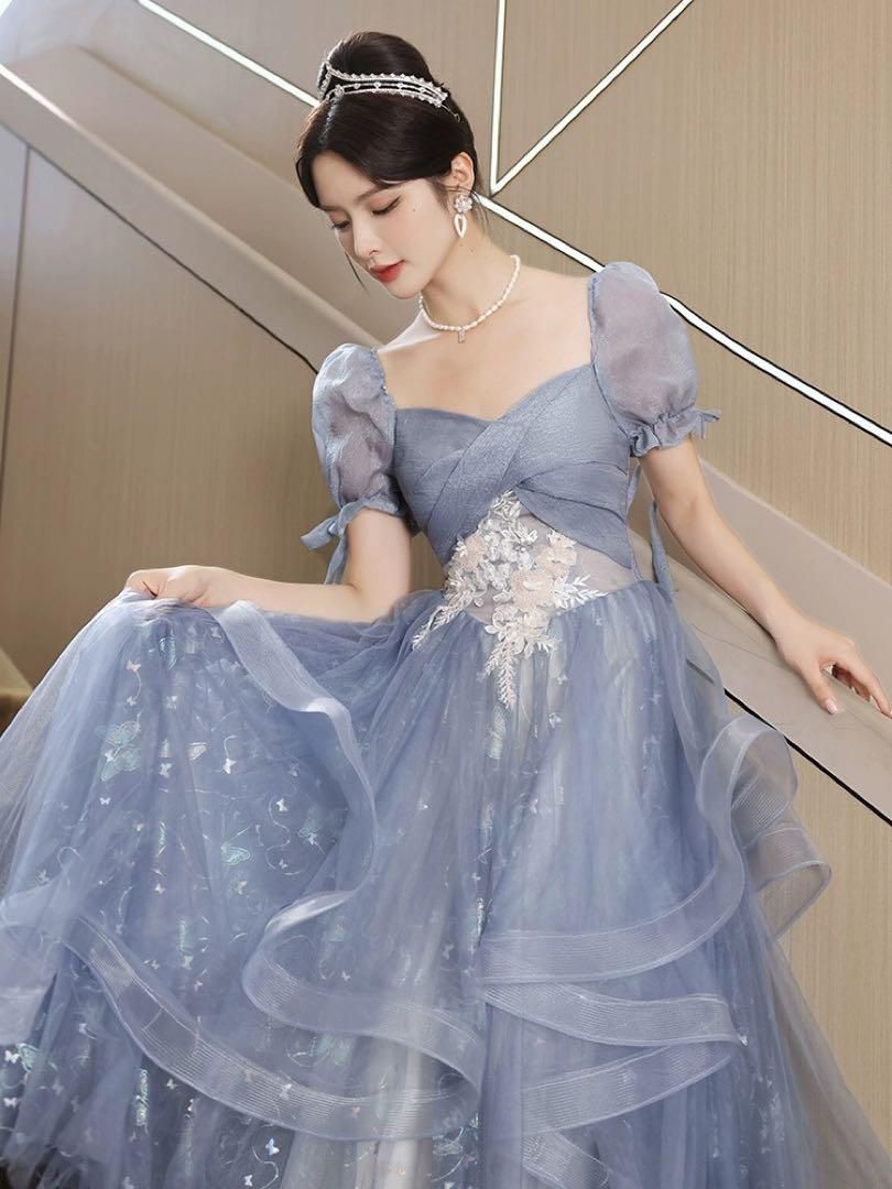 花柄に蝶のデザインが大人 パフスリーブイブニングドレス大人