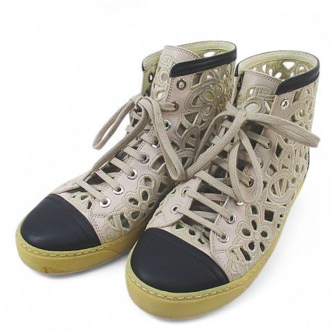 シャネル CHANEL ハイカットスニーカー レースココマーク ベージュ 黒 レザー イタリア製 カットワーク