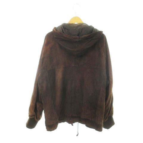 パパス Papas スエード レザー パーカー フーディ ジャケット ラムレザー 本革 中綿 ジップアップ ドロスト ロゴ刺繍 L 茶 ブラウン MN11 GY44