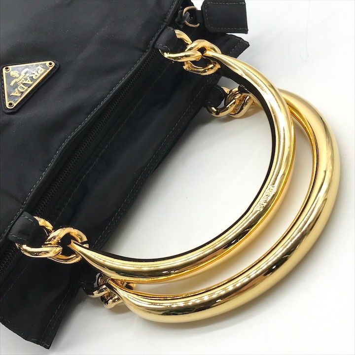 良品 PRADA プラダ テスート ナイロン 三角ロゴ ゴールド ハンドル 