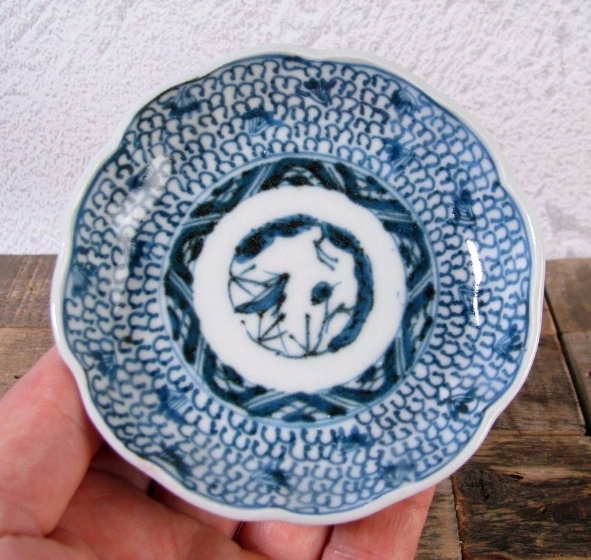 古伊万里 染付 微塵唐草文豆皿5枚 幅：9cm 江戸後期/25g008