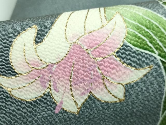 平和屋本店■極上　九寸名古屋帯　友禅　百合　濃い灰青色地　金彩　鬼しぼ縮緬　逸品　DZAA5835kh5 平和屋本店□極上 九寸名古屋帯 友禅 百合 濃い灰青色地 金彩 鬼しぼ