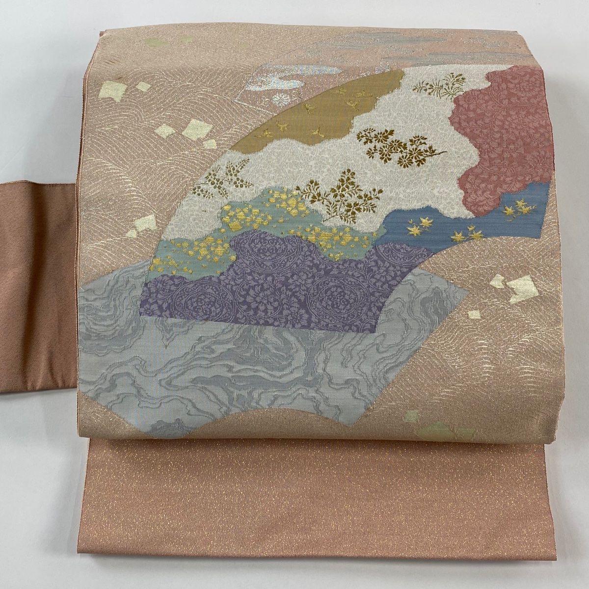 付け帯 秀品 作り帯 綴れ 扇面 波 金糸 箔 ピンク 正絹