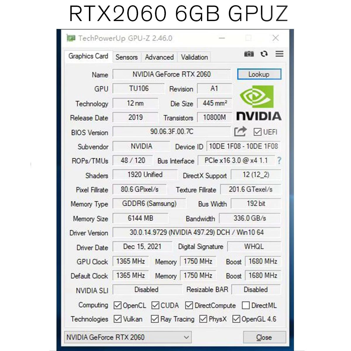 GeForce RTX 2060 6GB GDDR6 PCIE16グラフィックスカード、RTX2060 6G