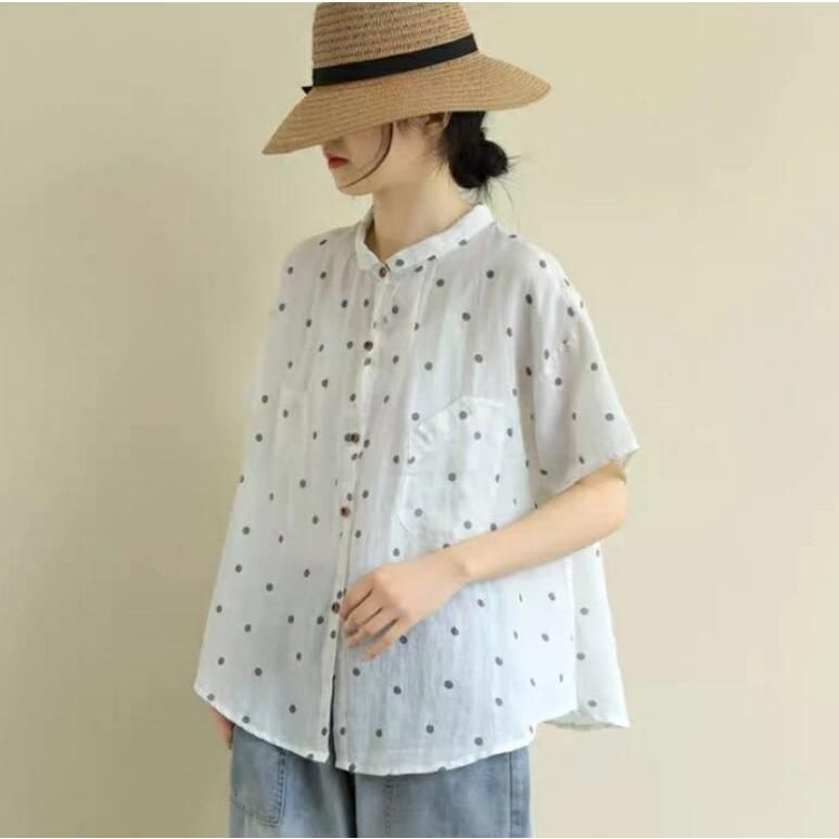 シャツ ブラウス レディース シャツブラウス 半袖 大きいサイズ 体型カバー おしゃれ 柄 ス 春夏 前開き シンプル ドット柄 綿麻 シャツ ブラウス レディース シャツブラウス 半袖 大きいサイズ