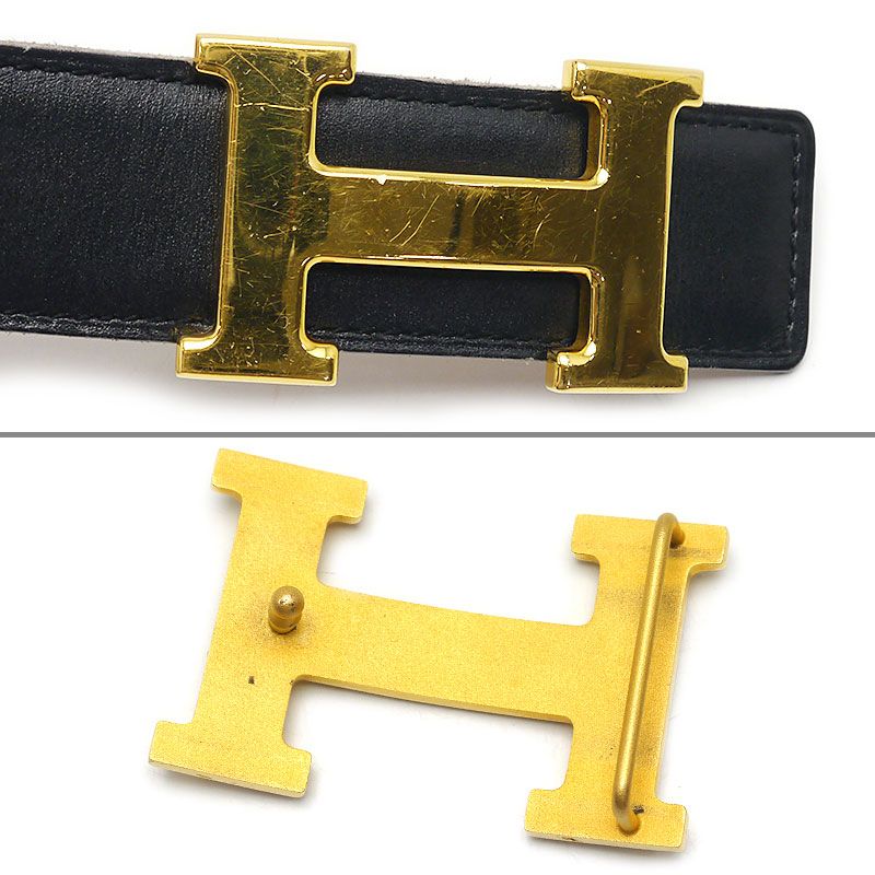 エルメス HERMES Hベルト レザー ブラック×ブラウン ゴールド金具