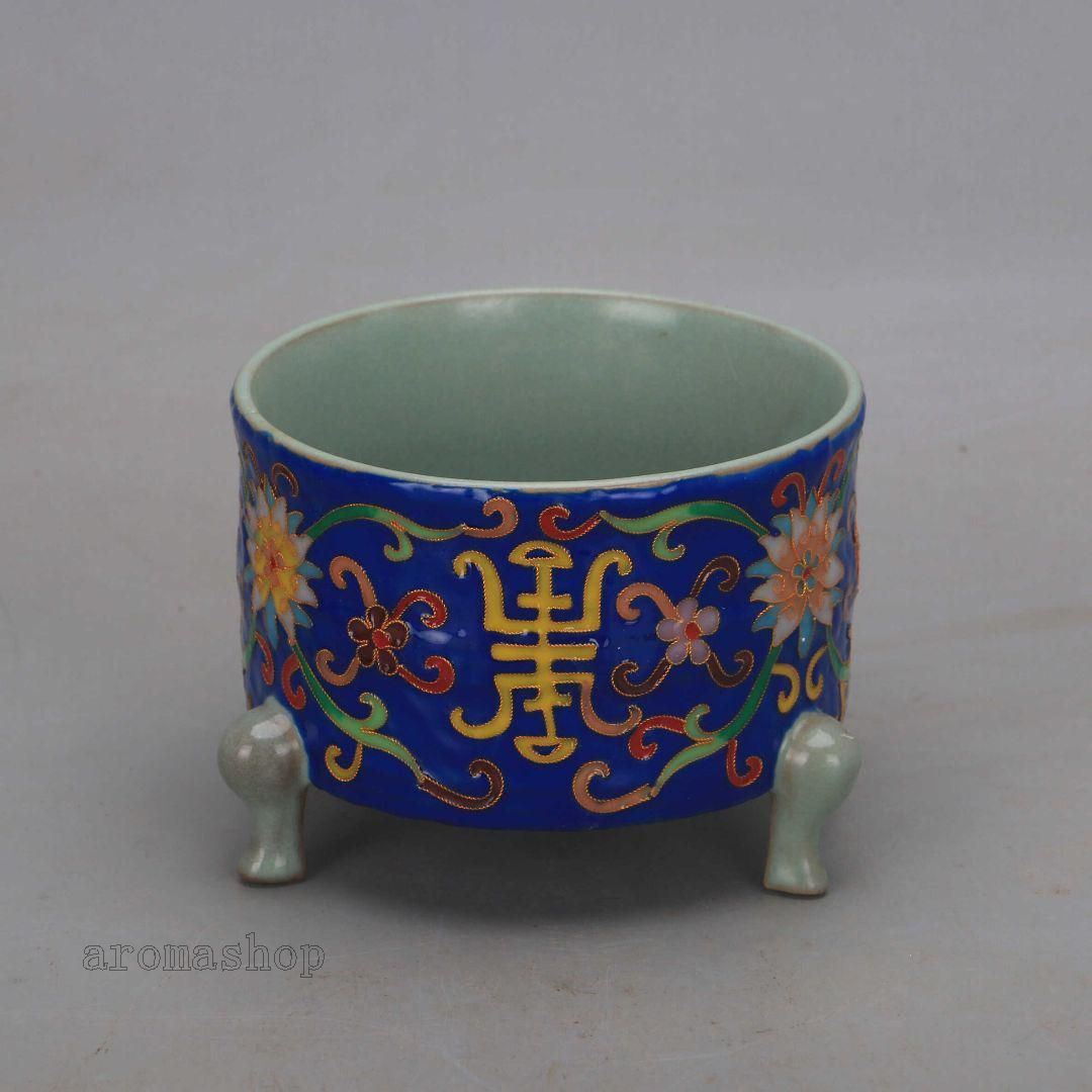 汝窯絞糸琺瑯彩寿字纏枝蓮三足玄紋香炉 景徳鎮 装飾品 現代工芸