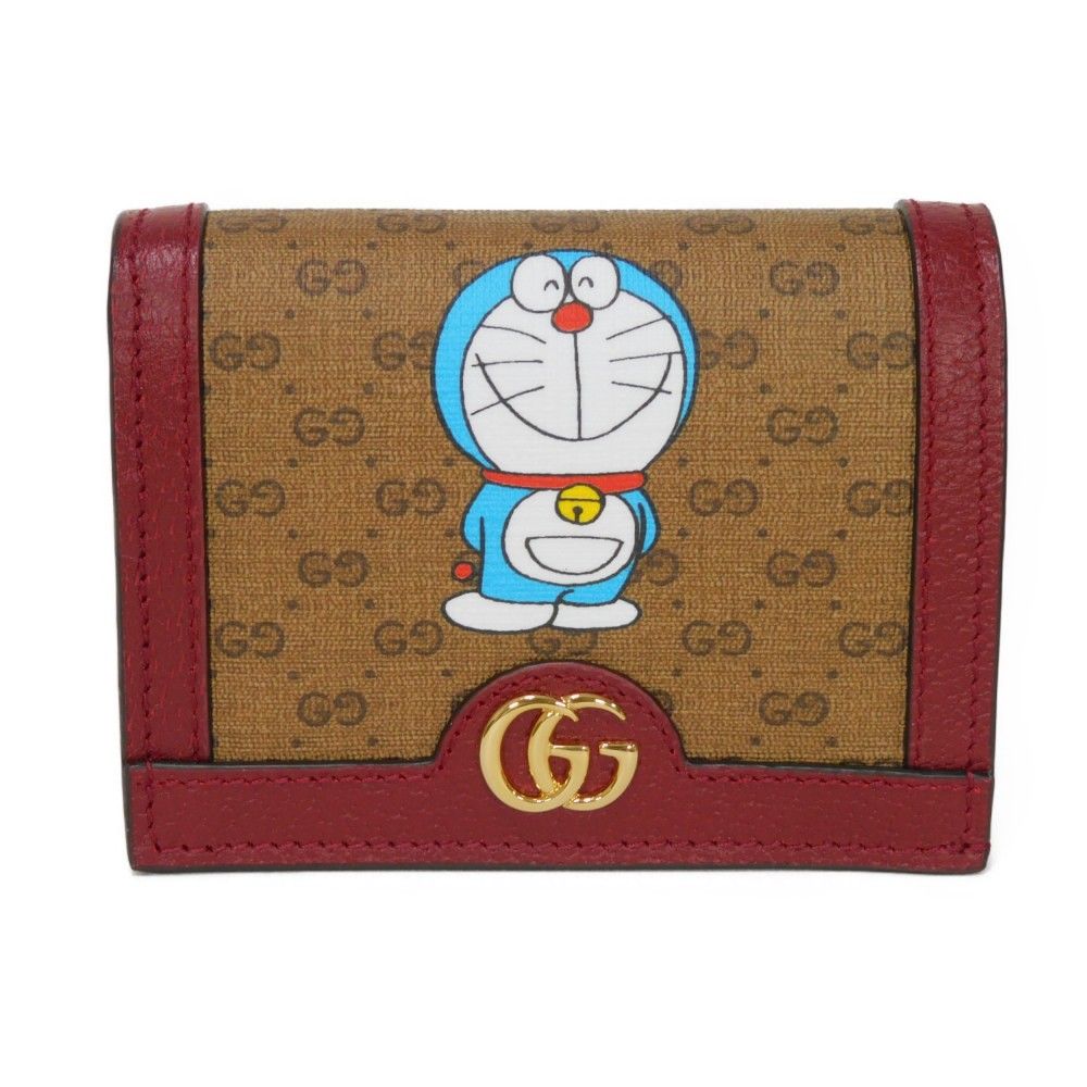 GUCCI グッチ コンパクト ウォレット ドラえもん GGマーモント ブラウン レッド ミニ GGスプリーム 二つ折り財布 647788 2TWAG  8580