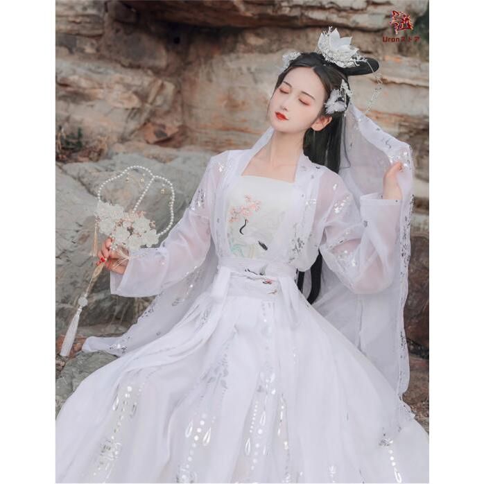 新品、未使用 黒白2色 豪華4点セット漢服 梅 鶴刺繍華流コスプレ