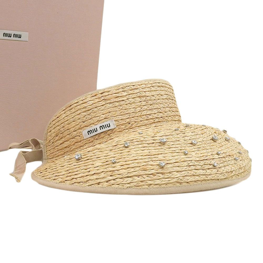 超 ミュウミュウ MIUMIU 2021年 ストロー ラフィア編 ヴィスコース コットン ビジュー サンバイザー 麦藁帽子 S レディース 定価62700円