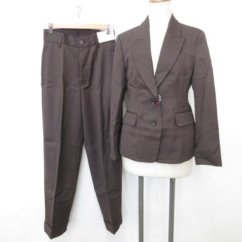 ユニクロ UNIQLO イネス ド ラ フレサンジュ スーツ セットアップ ジャケット ピークドラペル シングル 背抜き ベンツ ワイドパンツ ロング ロールアップ 茶 ブラウン S
