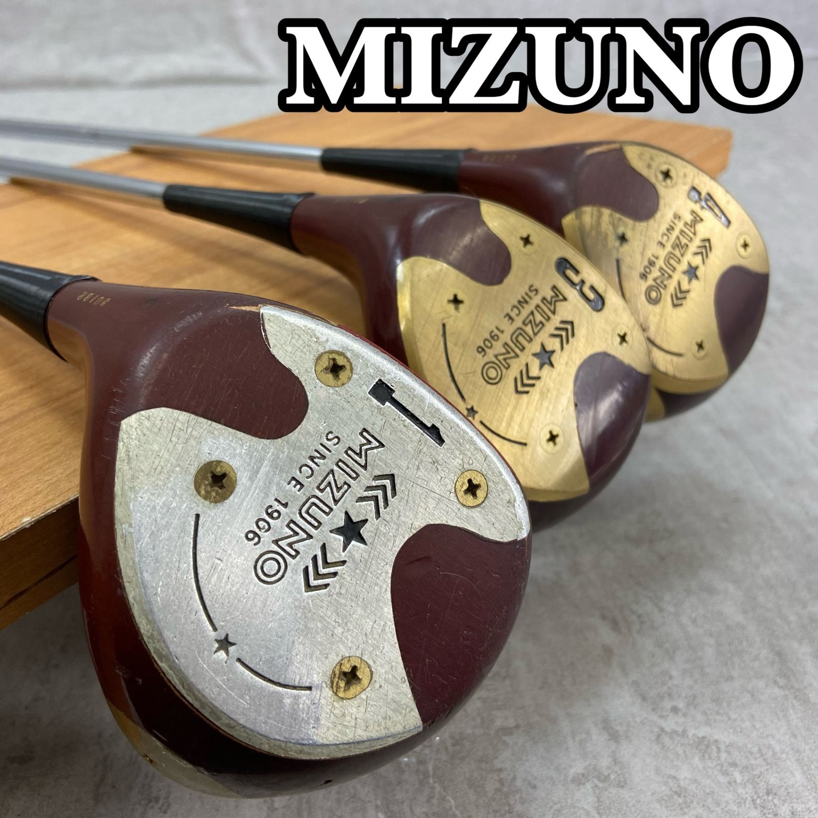レフティー MIZUNO ミズノ SINCE 1906 パーシモン メンズゴルフウッド3本セット スチール R 左利き用 ドライバー フェアウェイ