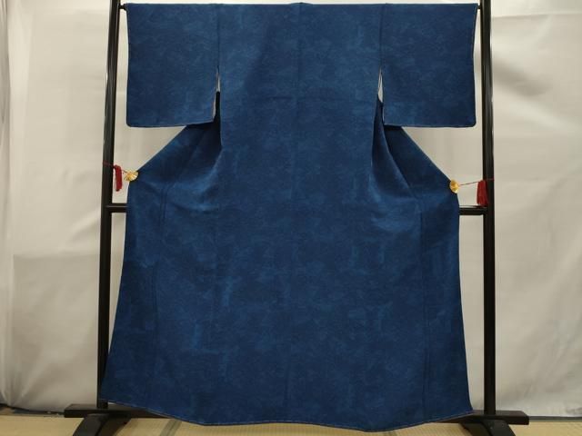 平和屋着物□上質な小紋 本藍染 扇面花文 鬼しぼ縮緬 正絹 逸品
