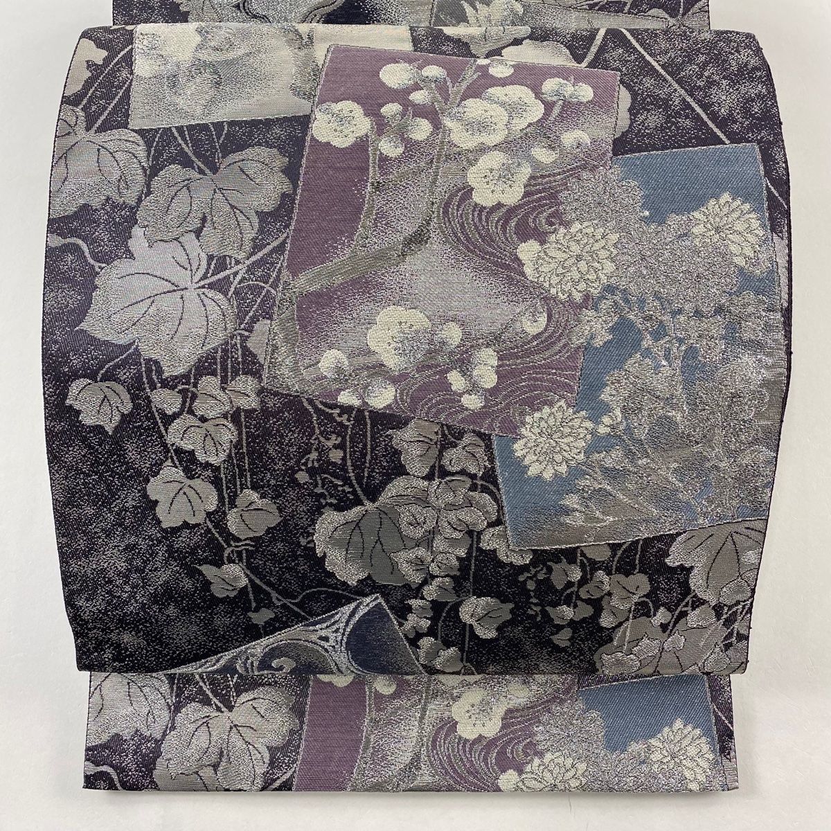 袋帯 美品 秀品 色紙 枝梅 銀糸 箔 灰紫 お太鼓柄 正絹 【中古