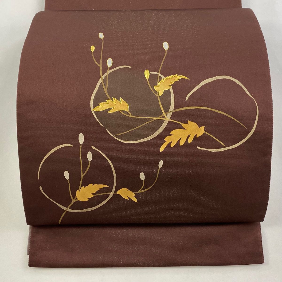 袋帯 秀品 葉柄 み 金糸 金彩 茶紫 お太鼓柄 正絹