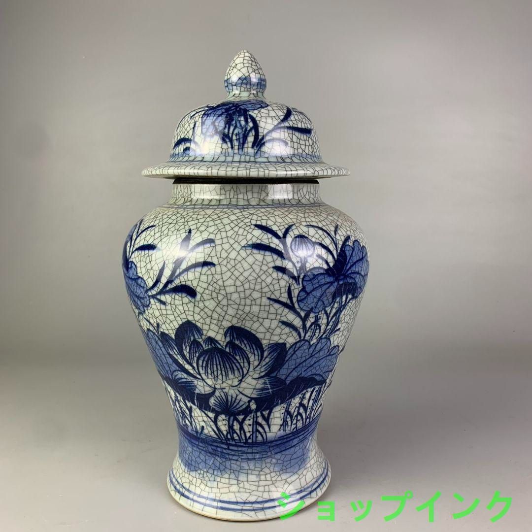 青花荷花纹将軍缶 景徳鎮 陶磁器 装飾品工芸品 美術品 置物 青花荷花?将軍缶 景徳鎮 陶磁器 装飾品工芸品 美術品 置物
