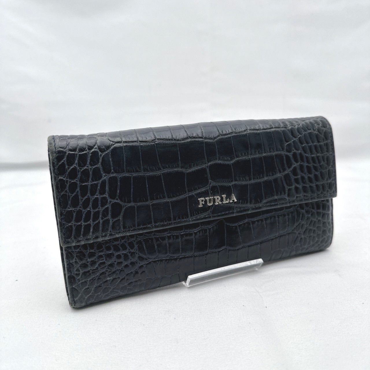 m262 FURLA フルラ 二つ折り財布 長財布 クロコ型押し ブラック - メルカリ