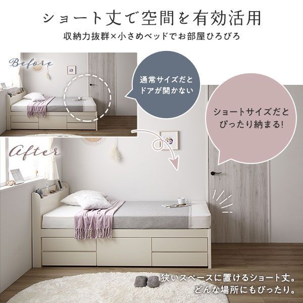 〔お客様組み立て〕 収納 ベッド 宮付き ショート丈セミシングル 日本製薄型ポケットコイルマットレス付き ホワイト 収納付き 棚付き すのこ 日本製〔代引不可〕 お客様組み立て〕 収納 ベッド 宮付き ショート丈 セミシングル ベッド