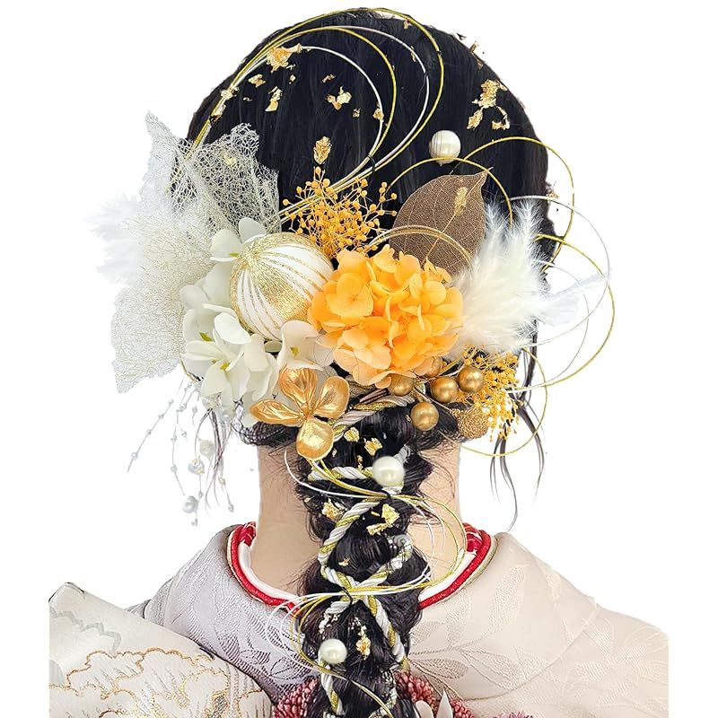 [JZOON 髪飾り] 24点セット 成人式 髪飾り 9色展開 卒業式 ヘアアクセサリー 紫陽花 かすみ草 組? ゴールド小花 チュール網 水引き 金箔 和玉 造花飾り 赤 白 ゴールド 金 振袖 和装 着物 七五三 