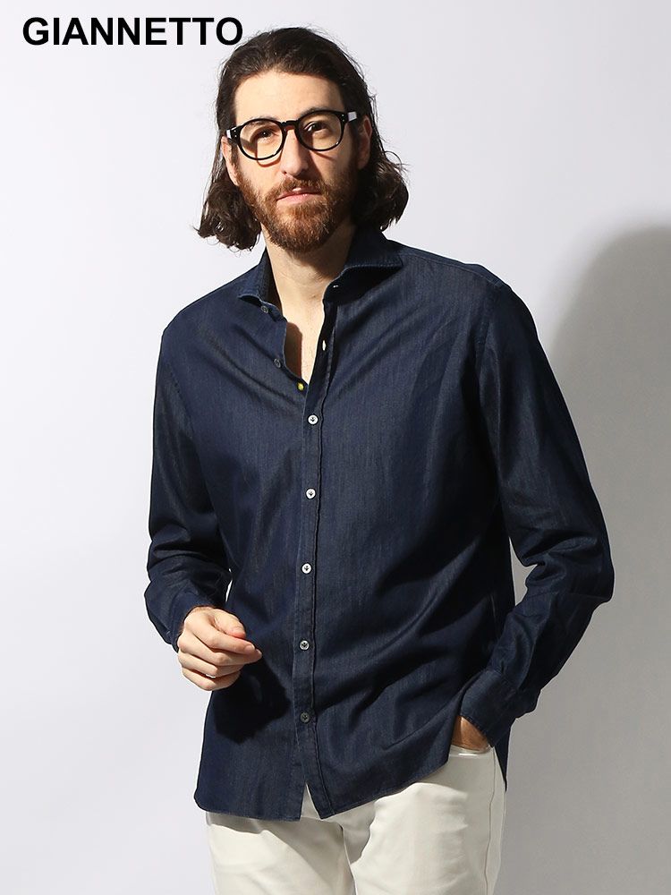 GIANNETTO (ジャンネット) コットン100% 無地 長袖 デニムシャツ