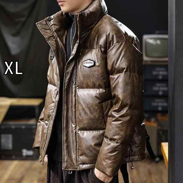 [XL]秋冬 コーデ メンズ  服 シンプル ファッション オシャレ 大人 かっこいい 大きいサイズ ストリート 紳士服  アメリカン レトロ PU エコ レザー ダウンジャケット ホワイトダックダウン 暖