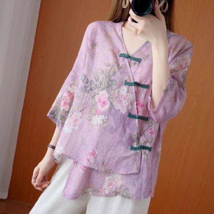 二枚仕立てシフォンチャイナ服 ／ チャイナブラウス　チャイナ風ブラウス　チャイナ服　二胡衣装　二胡ブラウス　太極拳服　太極拳ウェア　コスプレ 太極拳 衣装 中国風 ブラウス 前開き 花柄 七分袖 シフォン