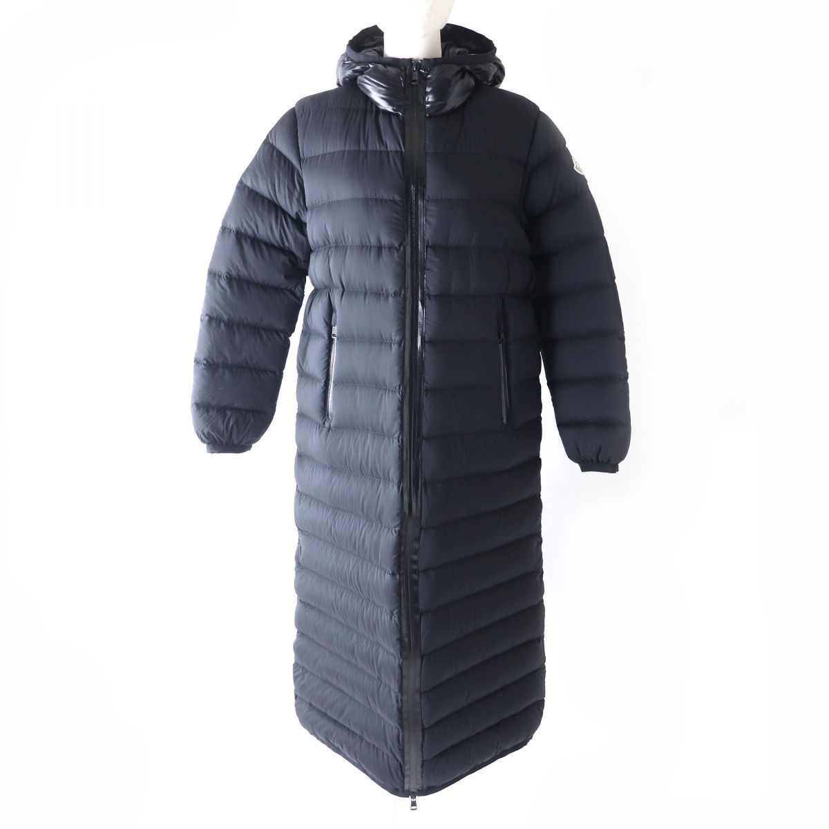 美品△正規品 18-19AW MONCLER モンクレール GRUE グルー ロゴワッペン・フード付 マキシ丈 ダウンコート レディース ブラック  00 冬物◎