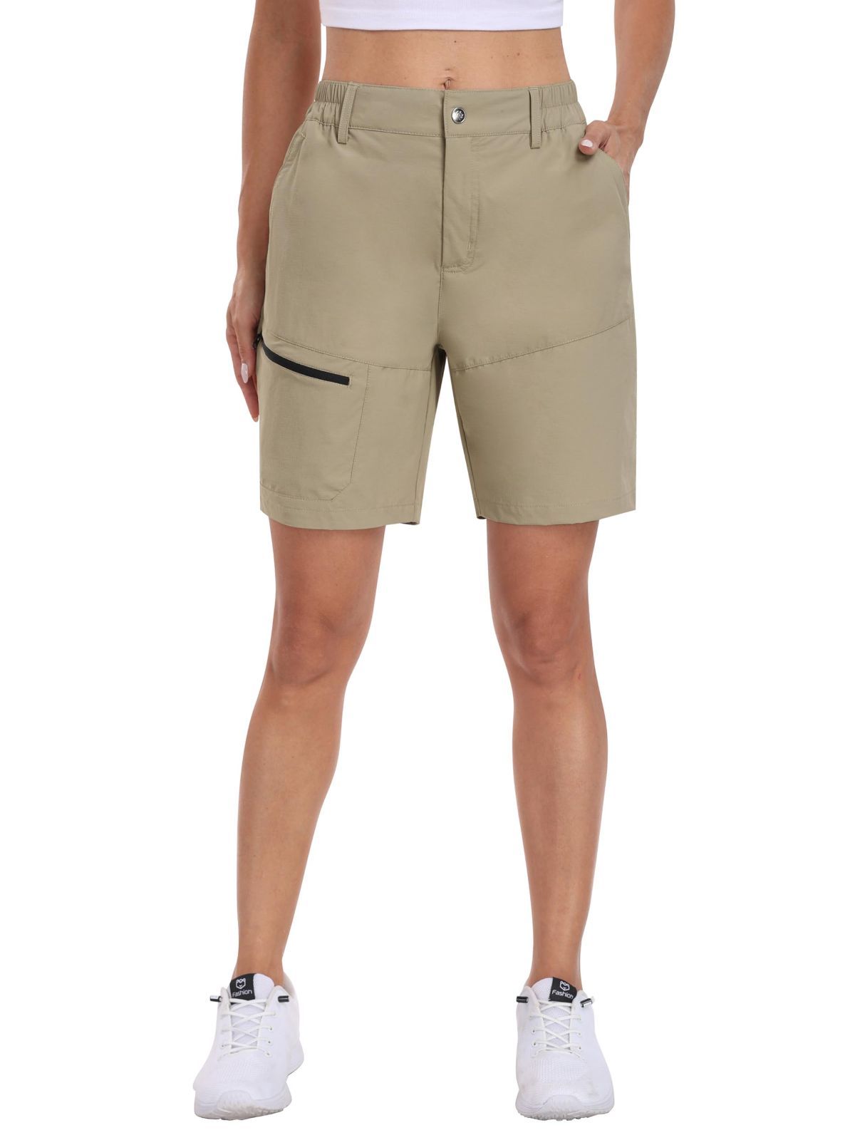 L_カーキ-44CM [YIRUIYA] ハーフパンツ レディース アウトドア パンツ ショートパンツ トレッキングパンツ 山登り 撥水 スポーツ ゴルフウェア カジュアル ハイキング キャンプ ポケット付き 旅行 普段着