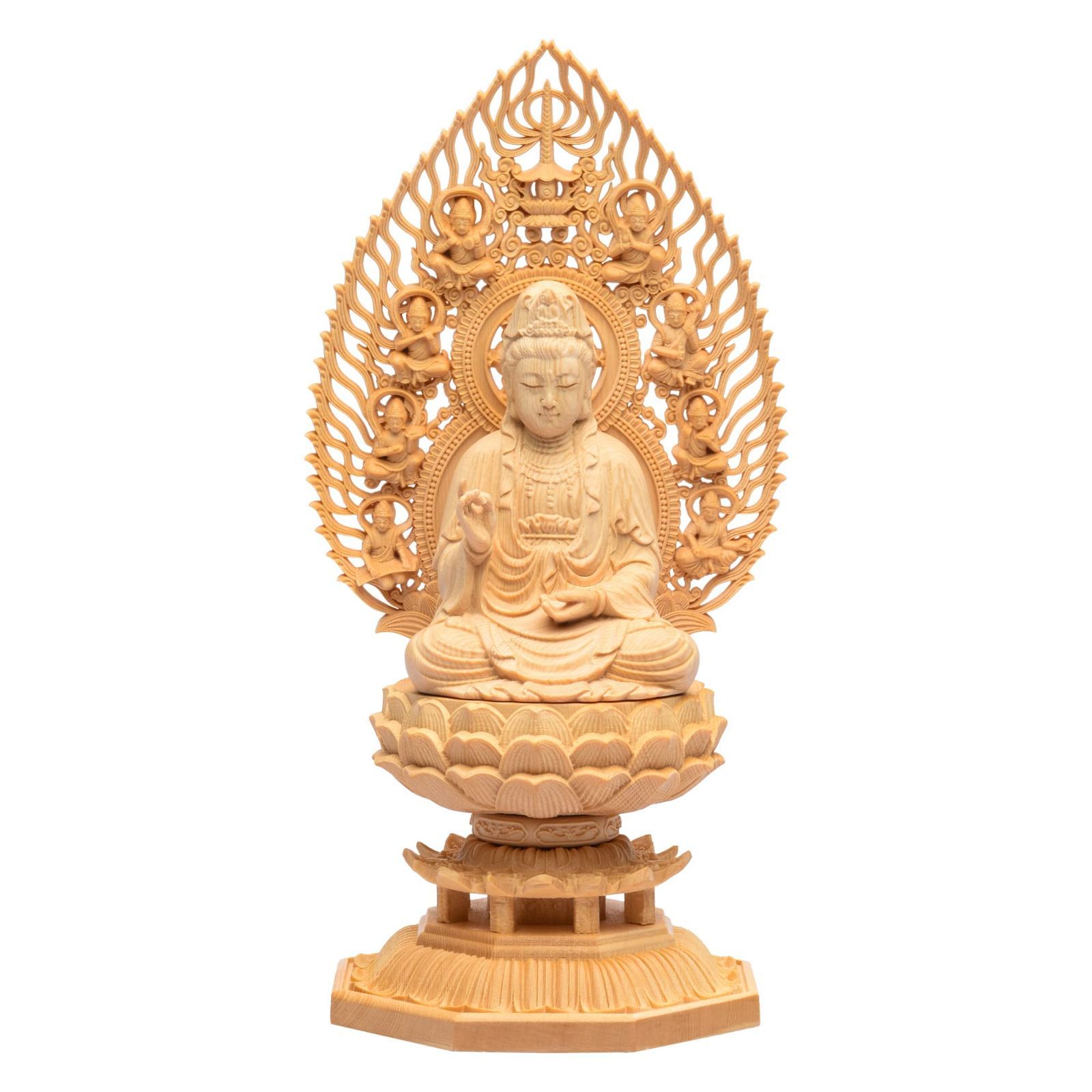 観音菩薩-28CM TheChanger 繁樓藝雕 仏像 仏壇仏像 観音菩薩 観音像 桧木製 木彫り 置物 飛天光背 八角台座 祈る 厄除け 高さ28cmx巾12cmx奥行12cm