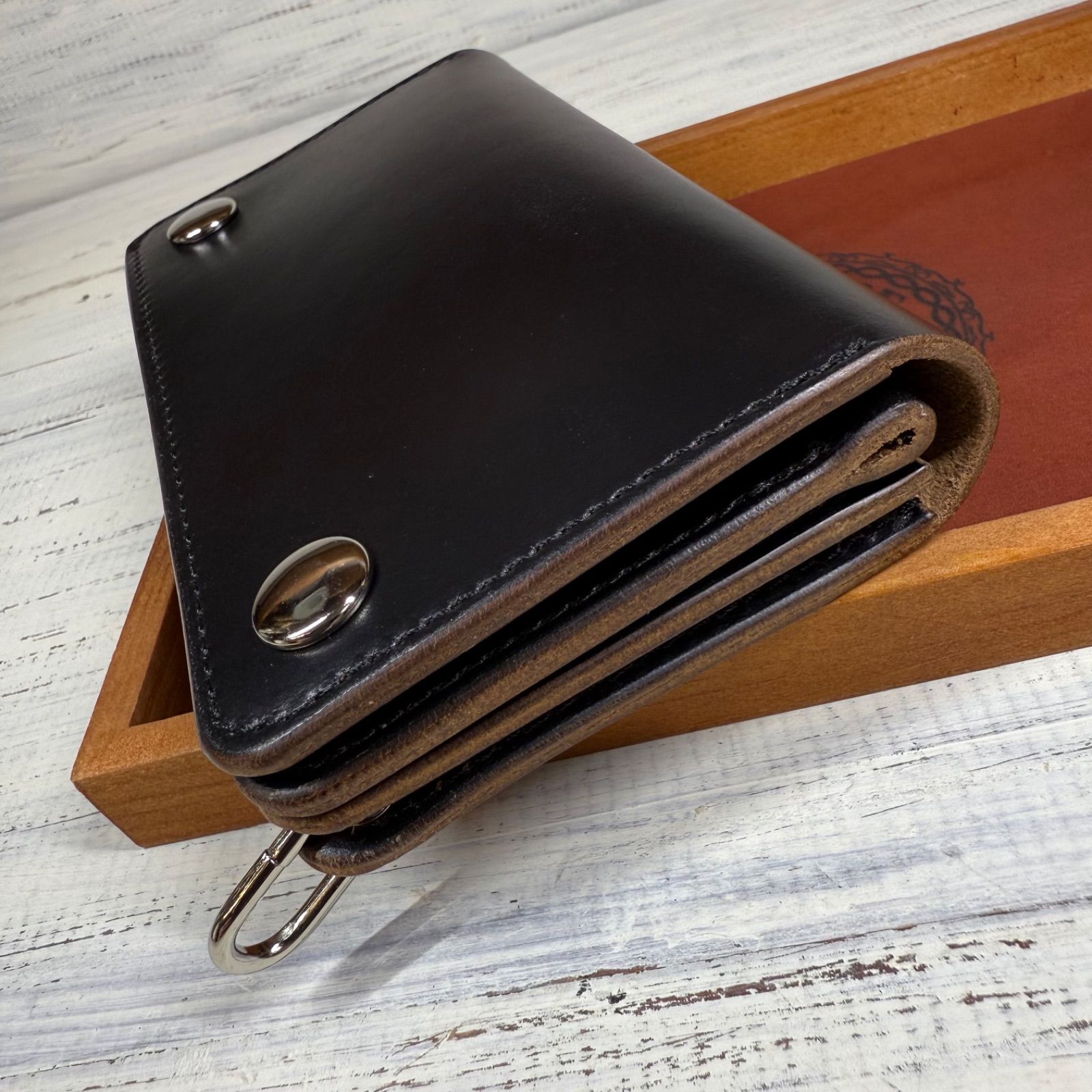 クロムエクセル　トラッカーウォレット　ミドル　黒　茶心　3層　ホーウィン社 クロムエクセル トラッカーウォレット ミドル 黒 茶心 3層 ホーウィン