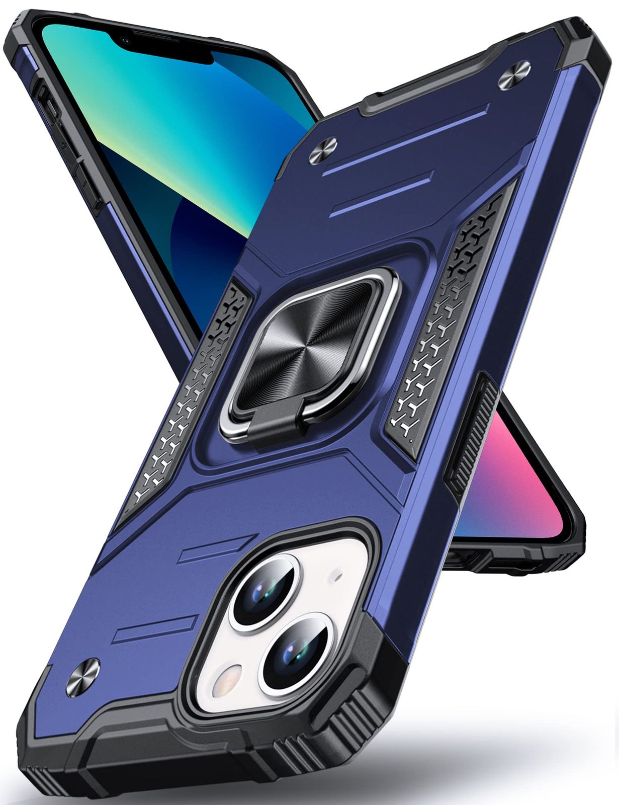 【特価商品】6.1 カバー アイフォン13 インチ スマホケース 車載ホルダー対応 耐衝撃 米軍MIL 360度回転メタルリングキックスタンド付き ブルー ケース 用 13 iPhone DASFOND