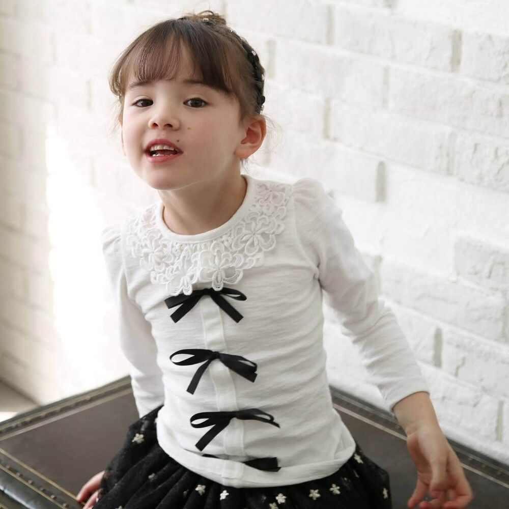 ホワイト 150cm ボリーフォーマルカジュアル長袖Tシャツ 女の子 キッズ 長袖 Tシャツ ロンT 73012402 長袖Tシャツ カットソー リボン レース おしゃれ かわいい オシャレ フォーマル 入園式 卒園式 こども 女子 小学生