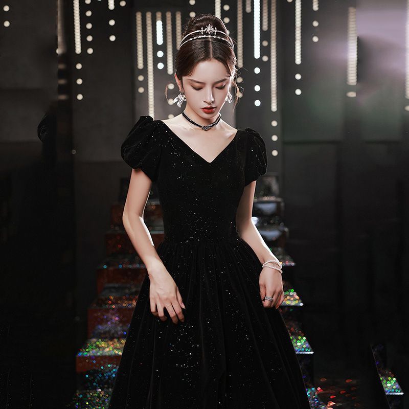 ドレス ロングドレス ベルベット 黒 2025年 プリンセスドレス 優雅 宴会 パーティー 結婚式 演奏会 花柄
