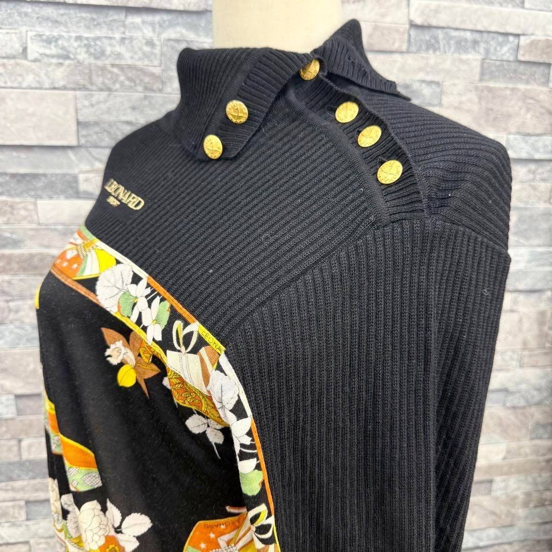 LEONARD レオナール ハイネックデザイン長袖ニットセーター 金ボタン花柄ウールカットソー トップス ブラック M USTAUSTRALIA_COM_AU